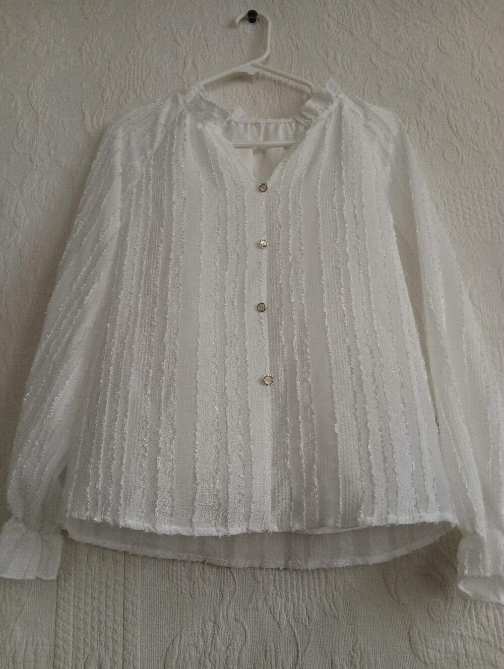 White Ruffle Texture Neck Button Down Blouse Flowy Oversized Femme Ruched Stripe - Picture 4 of 9